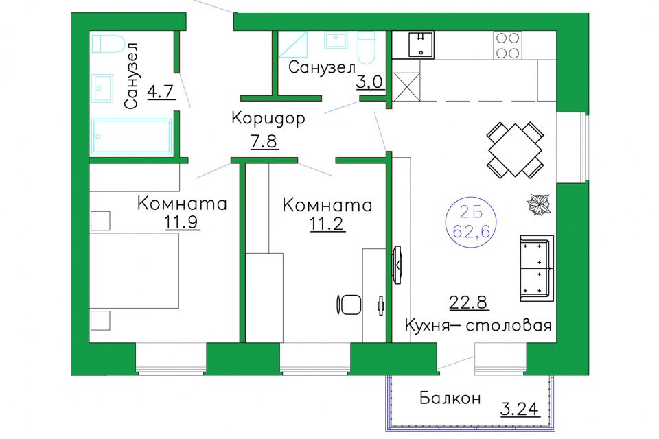 Продаётся 2-комнатная квартира, 62.6 м²