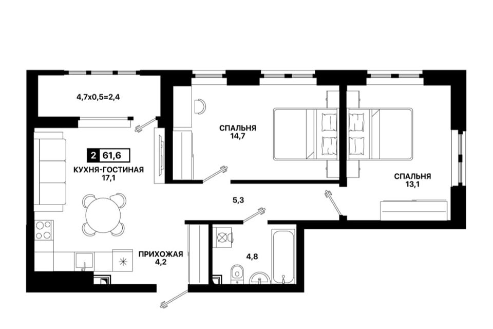 Продаётся 2-комнатная квартира, 61.6 м²