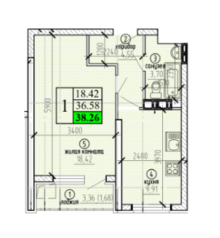 Продаётся 1-комнатная квартира, 36.58 м²