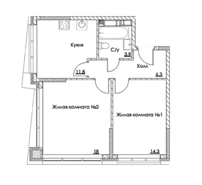 Продаётся 2-комнатная квартира, 54.3 м²