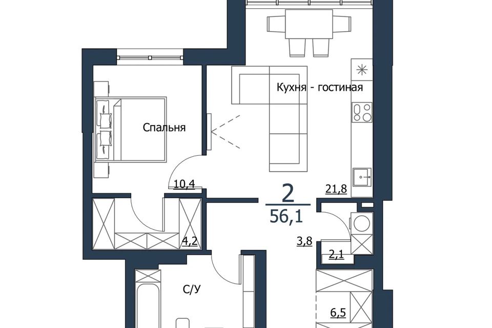 Продаётся 2-комнатная квартира, 56.3 м²