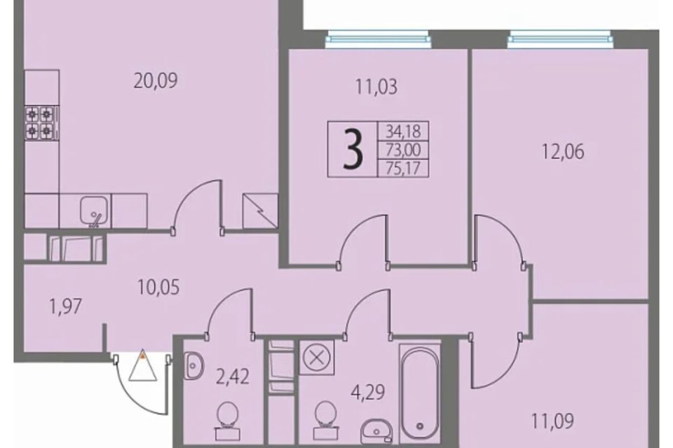 Продаётся 3-комнатная квартира, 72.7 м²