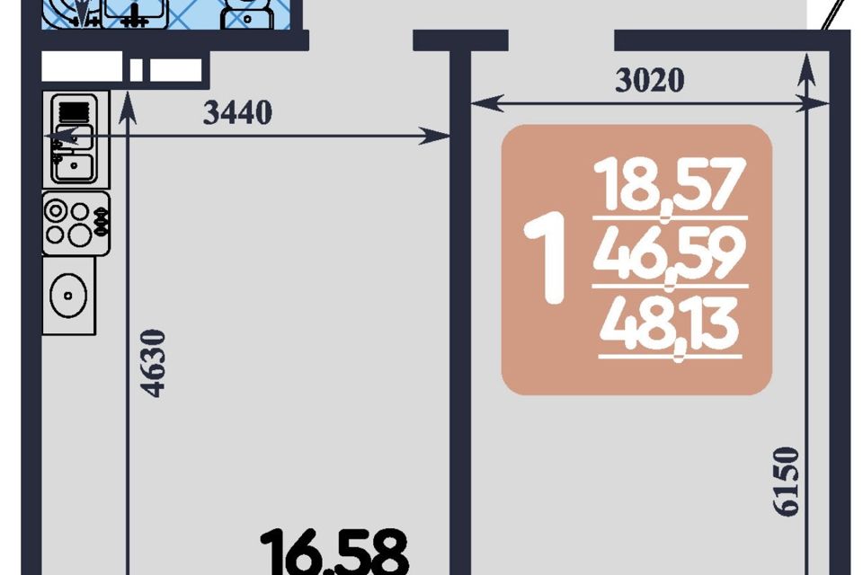 Продаётся 1-комнатная квартира, 48 м²