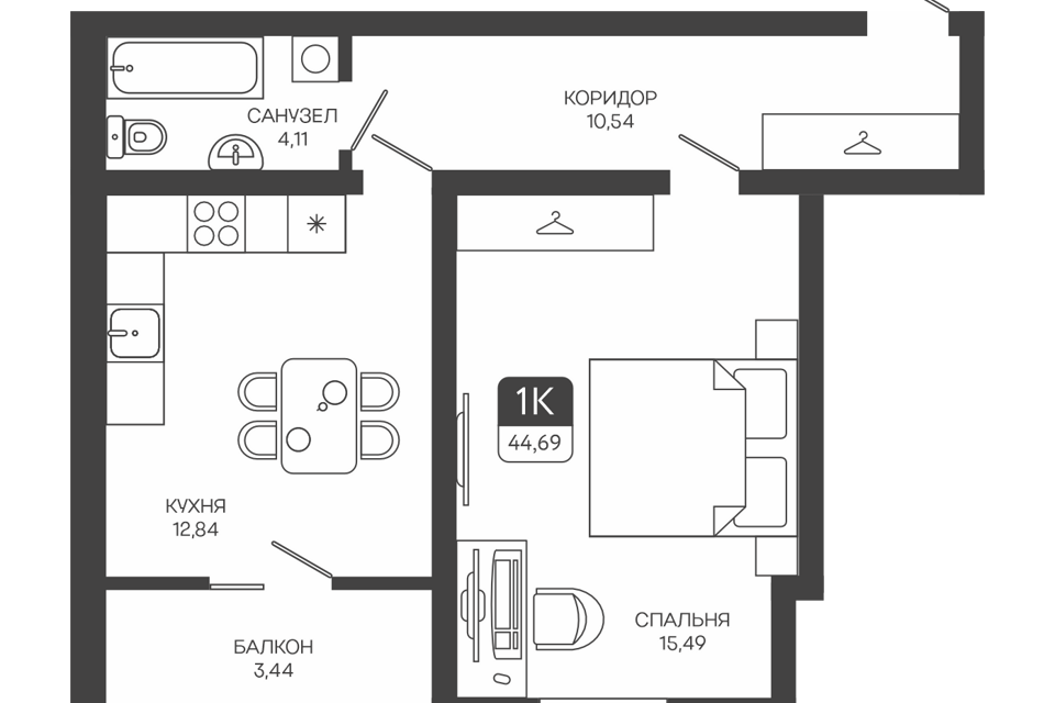 Продаётся 1-комнатная квартира, 44.69 м²