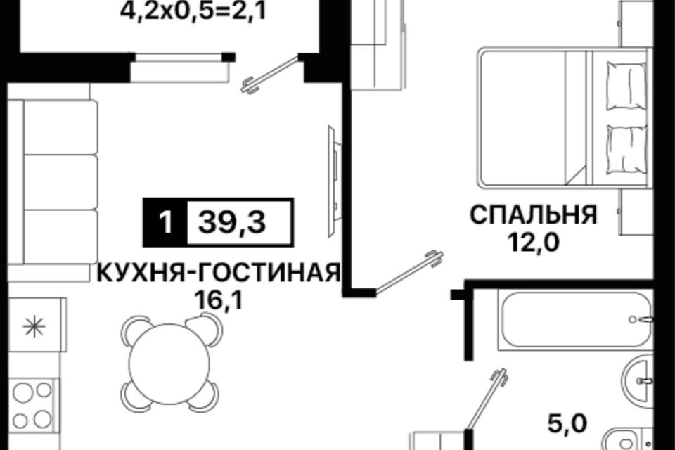 Продаётся 1-комнатная квартира, 39.3 м²