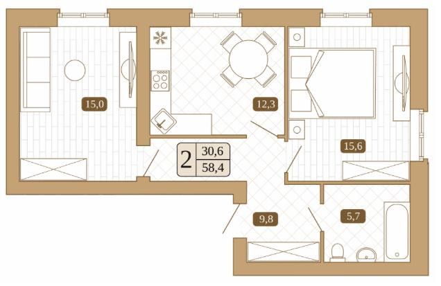 Продаётся 2-комнатная квартира, 58.4 м²