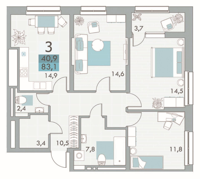 Продаётся 3-комнатная квартира, 82.8 м²