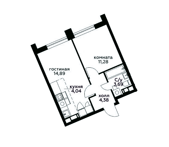 Продаётся 1-комнатная квартира, 38.28 м²