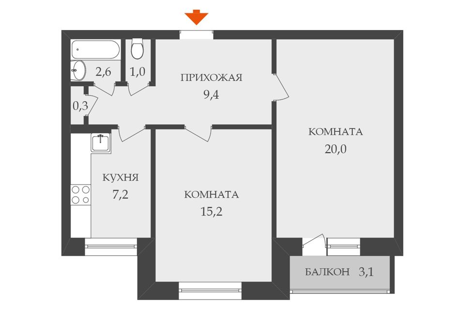 Продаётся 2-комнатная квартира, 55.7 м²
