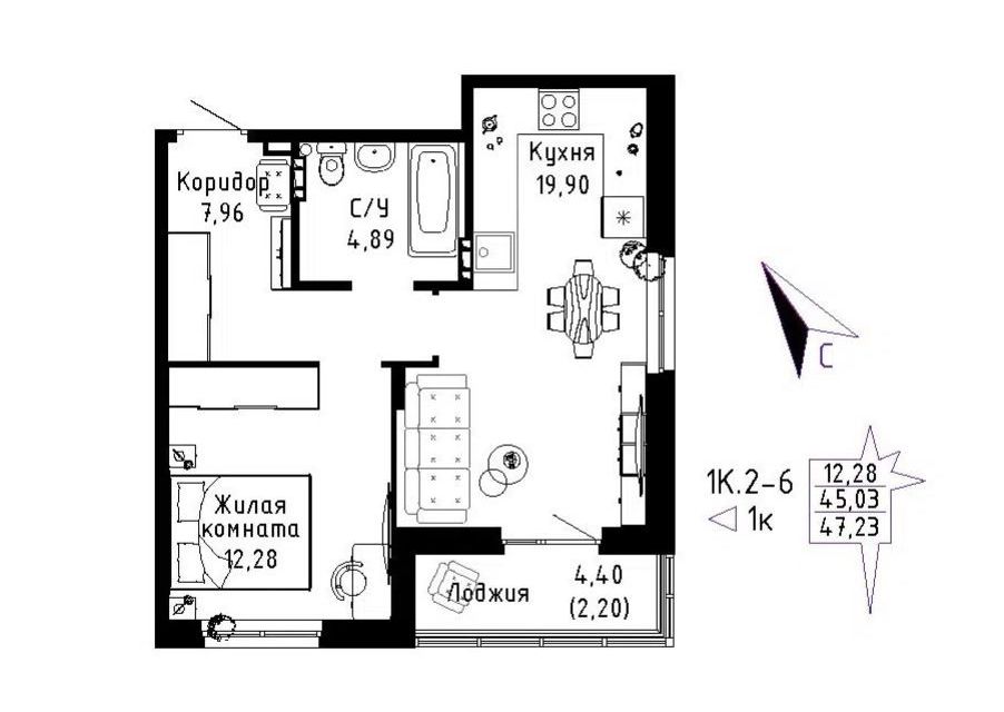 Продаётся 1-комнатная квартира, 47.2 м²