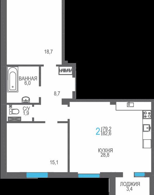 Продаётся 2-комнатная квартира, 82.6 м²