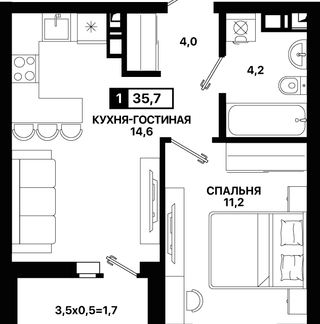 Продаётся 1-комнатная квартира, 35.5 м²