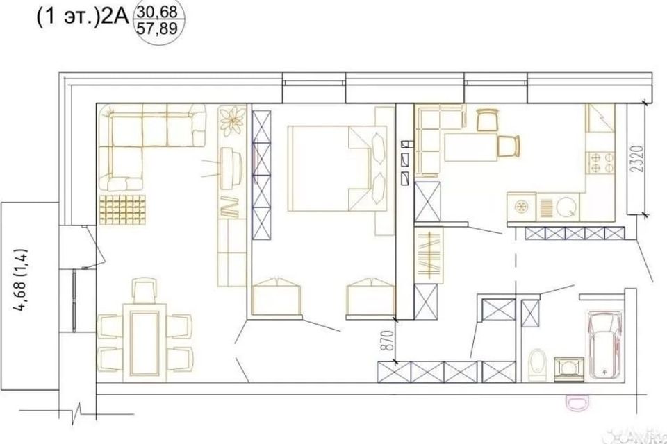 Продаётся 2-комнатная квартира, 59 м²