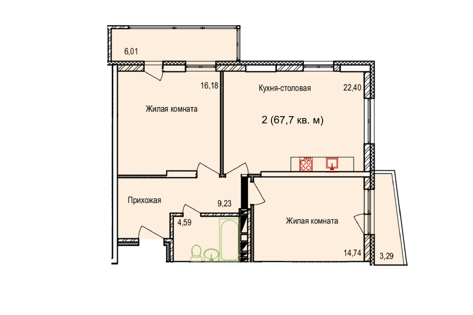 Продаётся 3-комнатная квартира, 67.7 м²