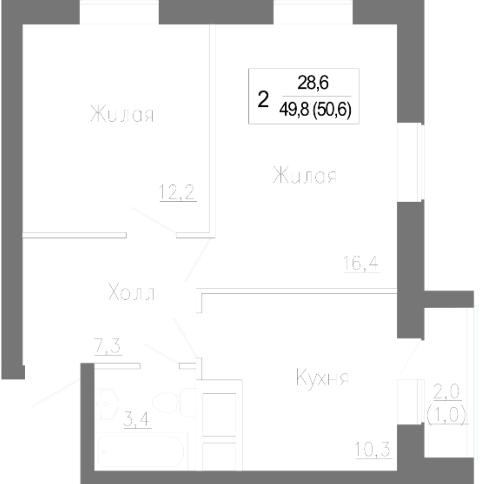 Продаётся 2-комнатная квартира, 49.8 м²