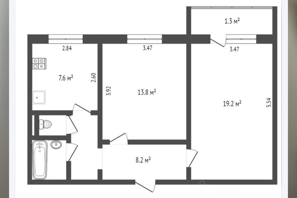 Продаётся 2-комнатная квартира, 54.2 м²