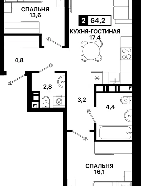 Продаётся 2-комнатная квартира, 64.2 м²