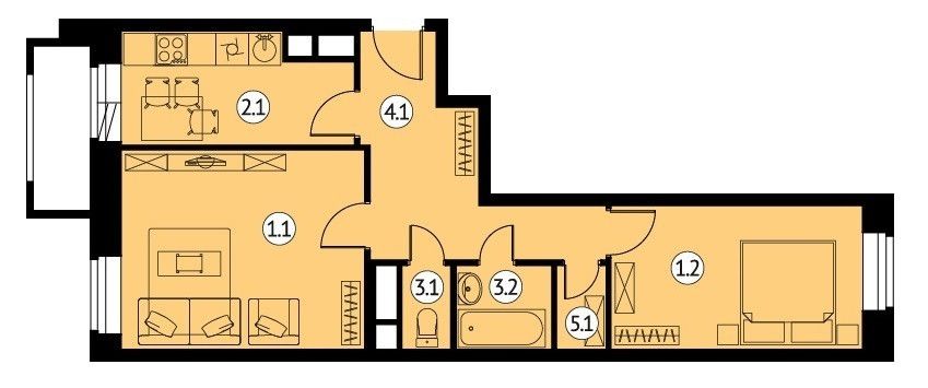 Продаётся 2-комнатная квартира, 51.9 м²