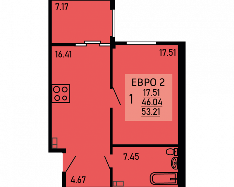 Продаётся 1-комнатная квартира, 53.2 м²