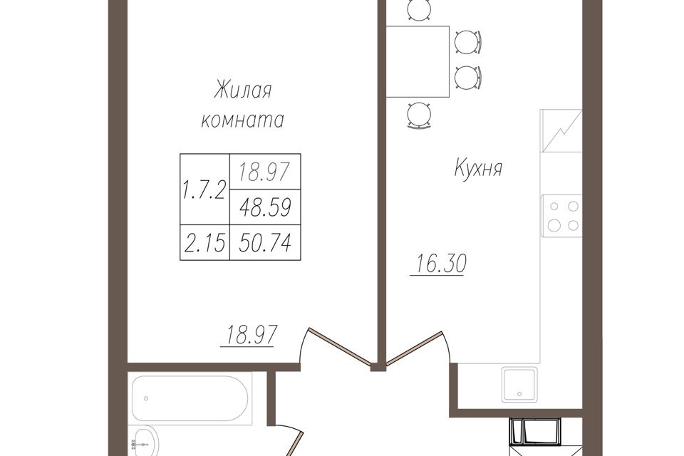 Продаётся 1-комнатная квартира, 48.7 м²