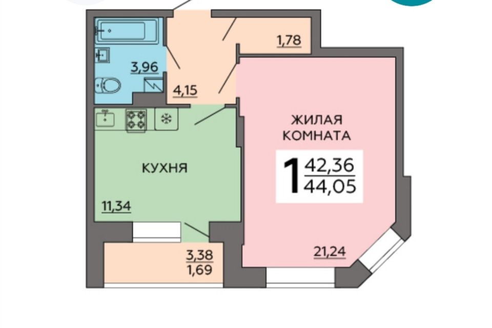 Продаётся 1-комнатная квартира, 44.05 м²