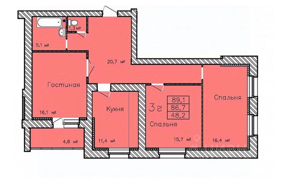Продаётся 3-комнатная квартира, 89.1 м²