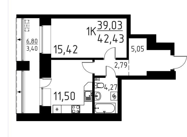 Продаётся 1-комнатная квартира, 42.43 м²