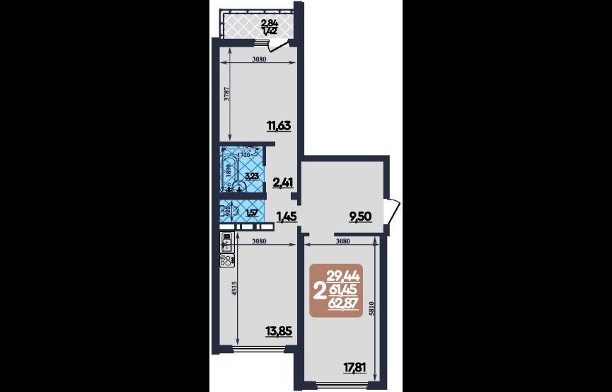 Продаётся 2-комнатная квартира, 63 м²