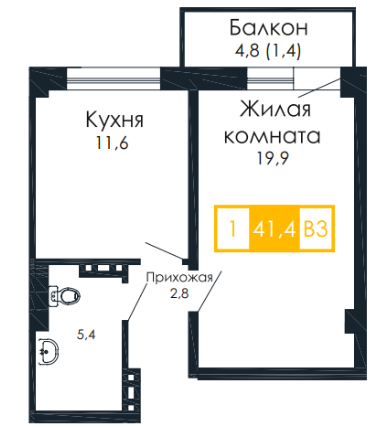 Продаётся 1-комнатная квартира, 39.5 м²