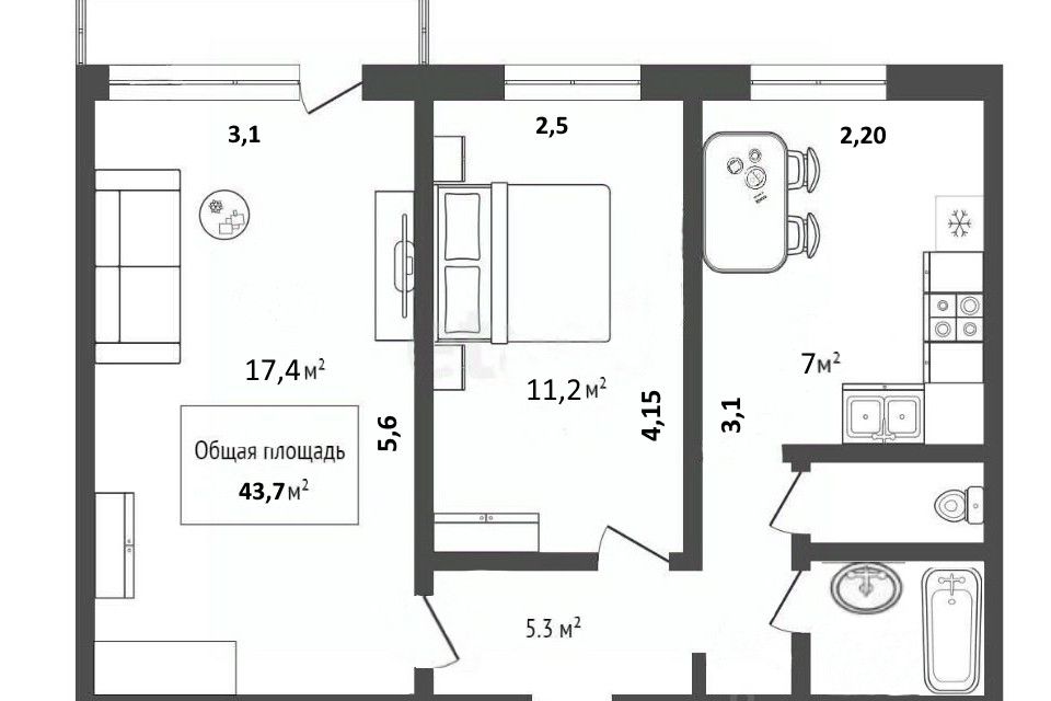 Продаётся 2-комнатная квартира, 43.7 м²