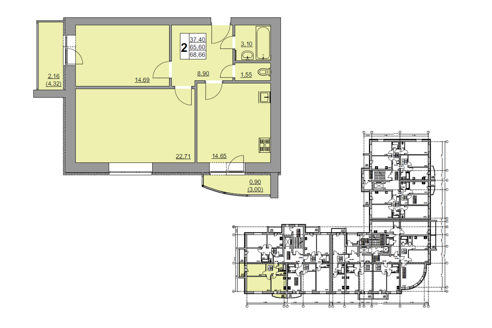 Продаётся 2-комнатная квартира, 68.56 м²