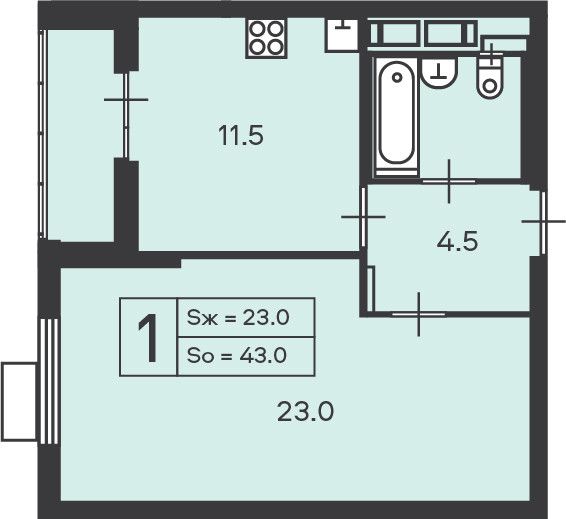 Продаётся 1-комнатная квартира, 43 м²