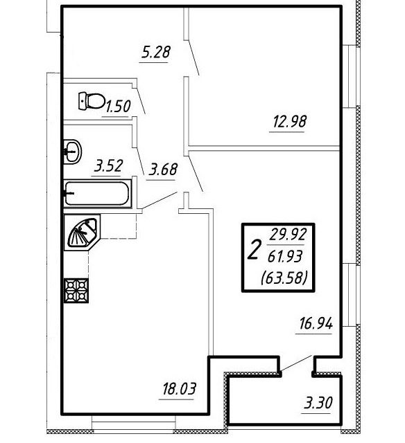 Продаётся 2-комнатная квартира, 61.93 м²