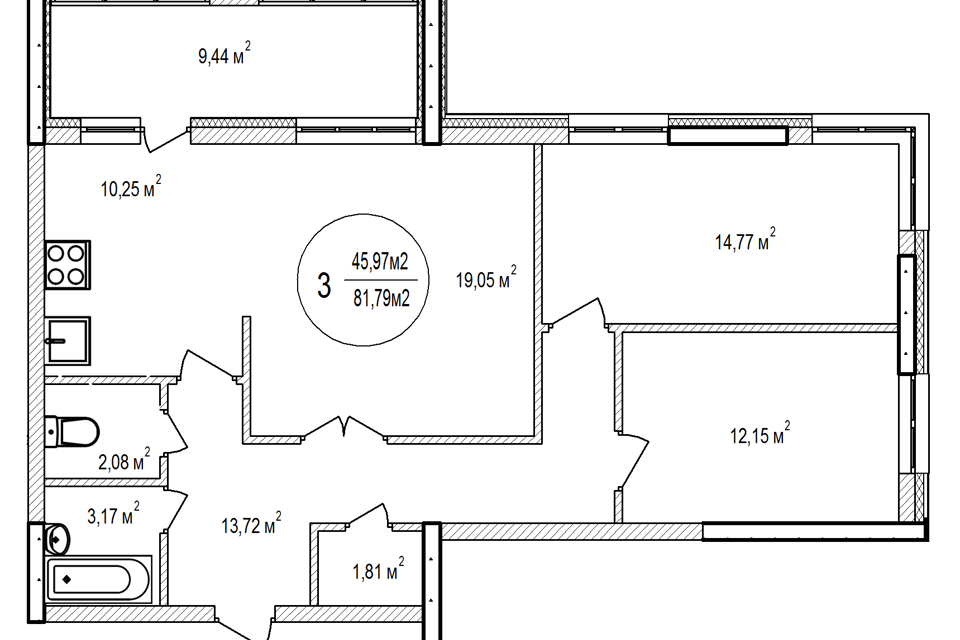 Продаётся 3-комнатная квартира, 81.79 м²
