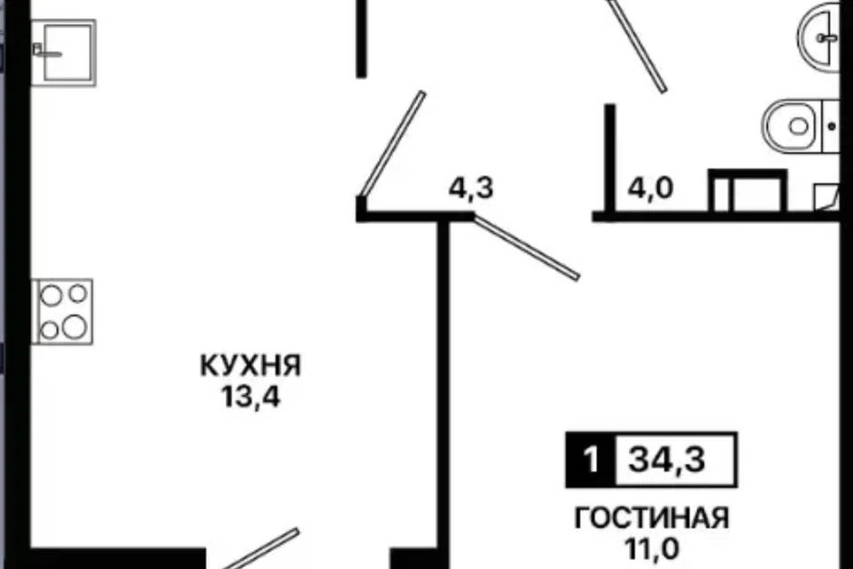 Продаётся 1-комнатная квартира, 34.3 м²