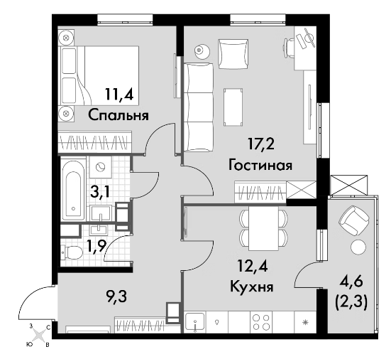 Продаётся 2-комнатная квартира, 54.9 м²