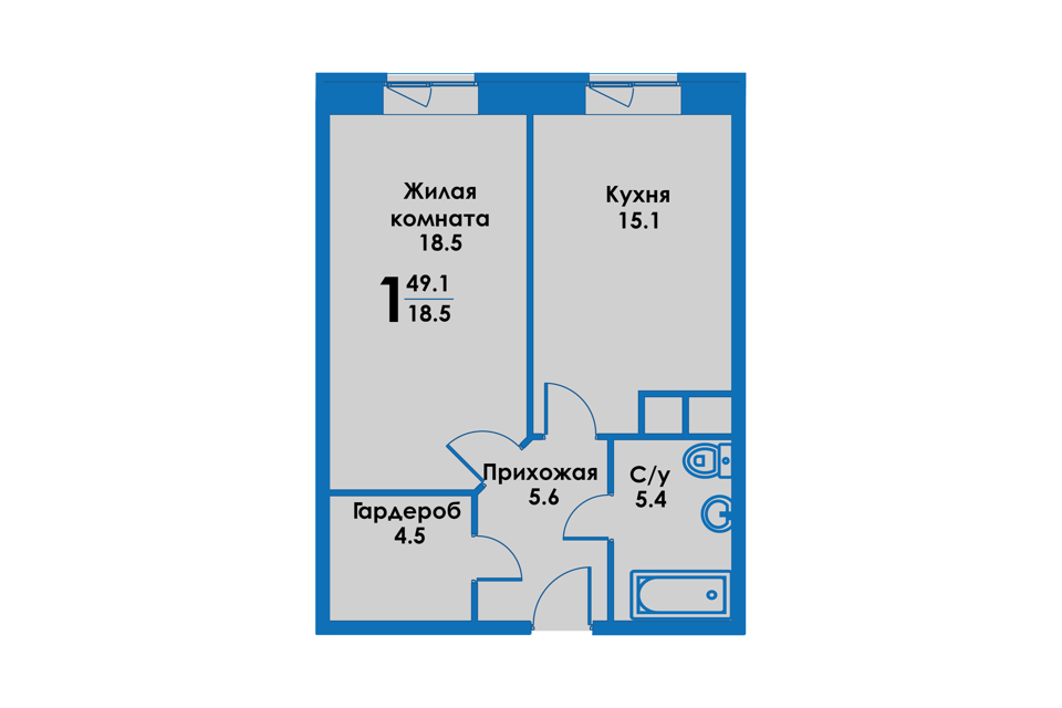 Продаётся 1-комнатная квартира, 49.1 м²