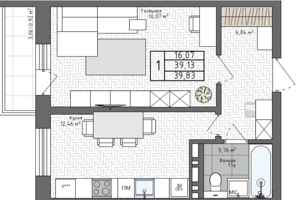 Продаётся 1-комнатная квартира, 39.83 м²