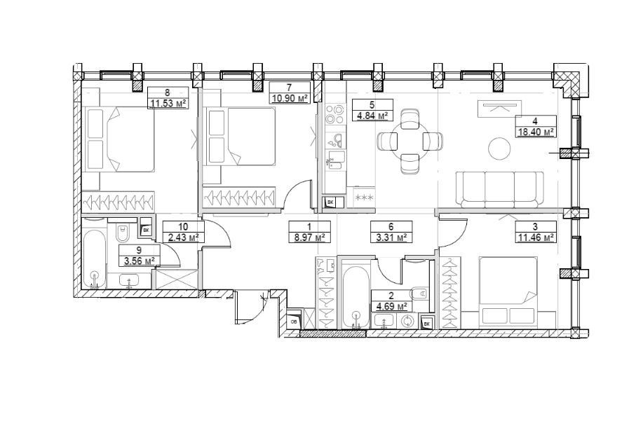 Продаётся 3-комнатная квартира, 80.9 м²