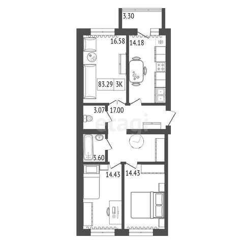 Продаётся 3-комнатная квартира, 84.28 м²