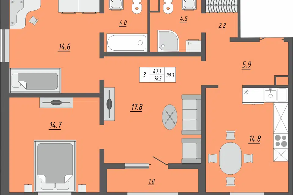 Продаётся 3-комнатная квартира, 77.8 м²