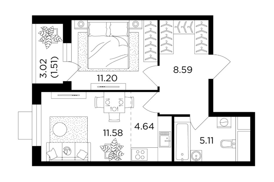 Продаётся 1-комнатная квартира, 42.7 м²