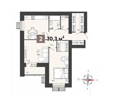 Продаётся 2-комнатная квартира, 70.3 м²
