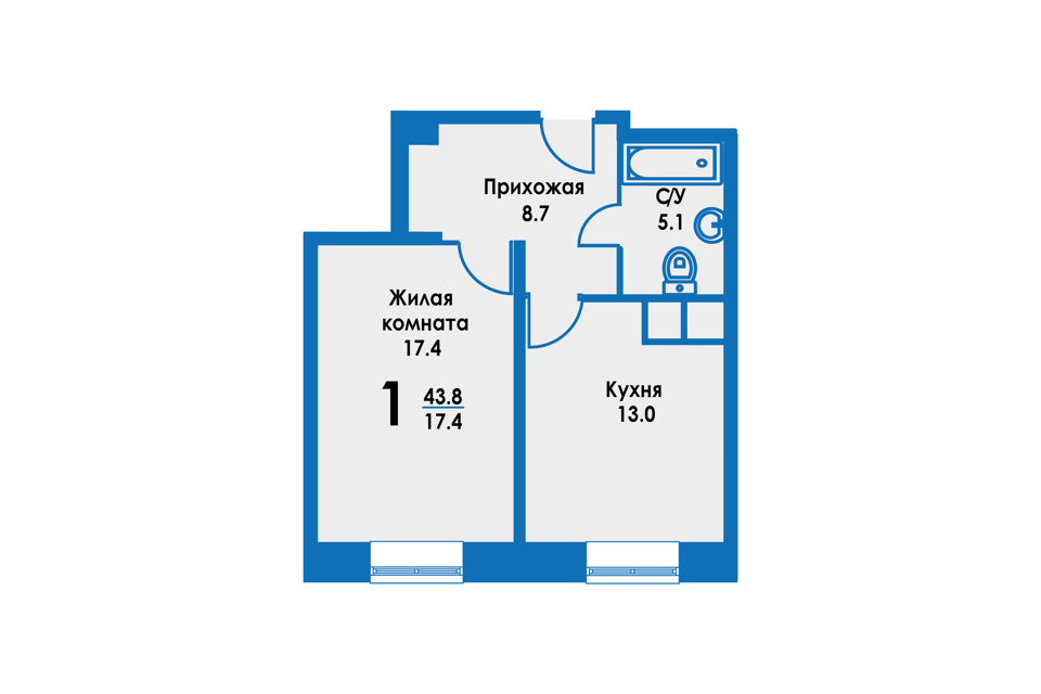 Продаётся 1-комнатная квартира, 43.6 м²