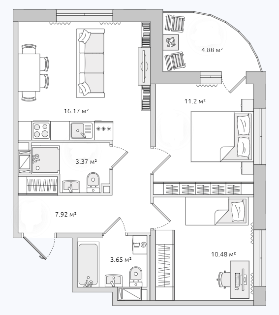 Продаётся 2-комнатная квартира, 51.6 м²