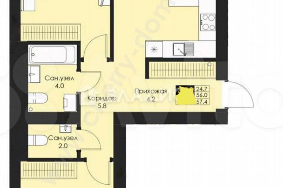 Продаётся 2-комнатная квартира, 57.4 м²