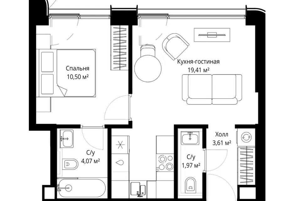 Продаётся 1-комнатная квартира, 39.9 м²