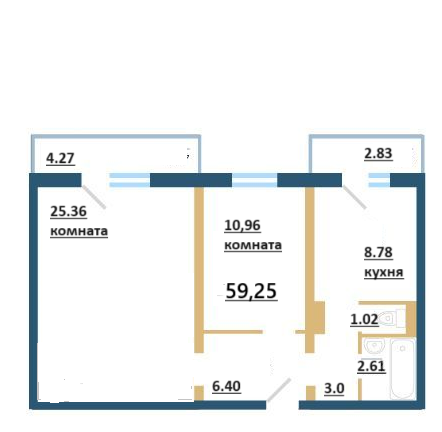 Продаётся 2-комнатная квартира, 57.12 м²
