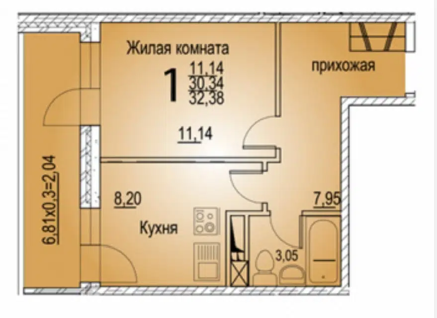Продаётся 1-комнатная квартира, 30.3 м²
