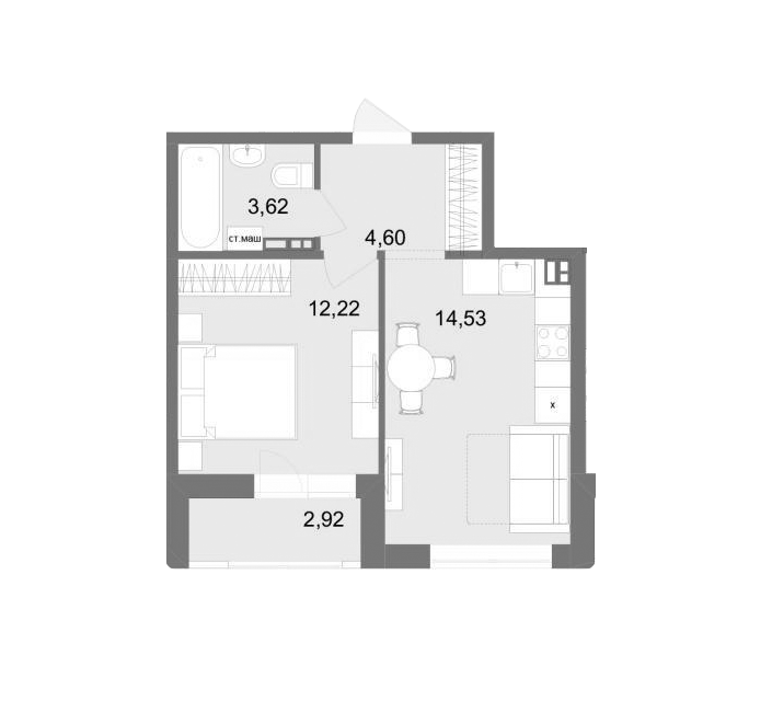 Продаётся 1-комнатная квартира, 36.44 м²